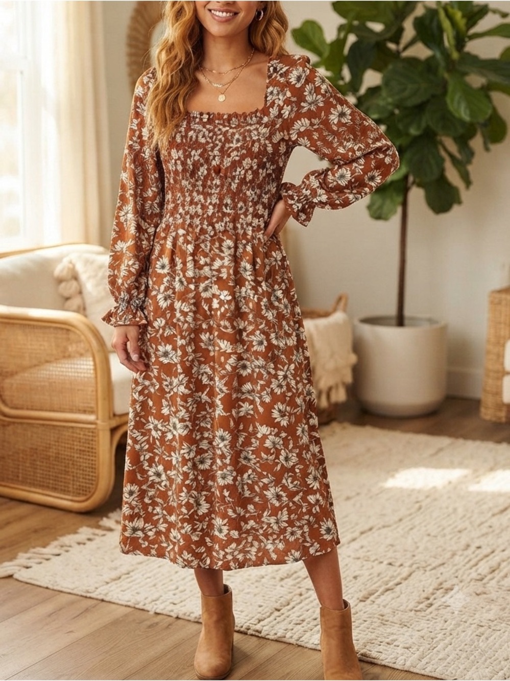 La Ligne Floral Smocked Midi Dress Puff Sleeve Rust Orange Plus Size 1X Boho❤️